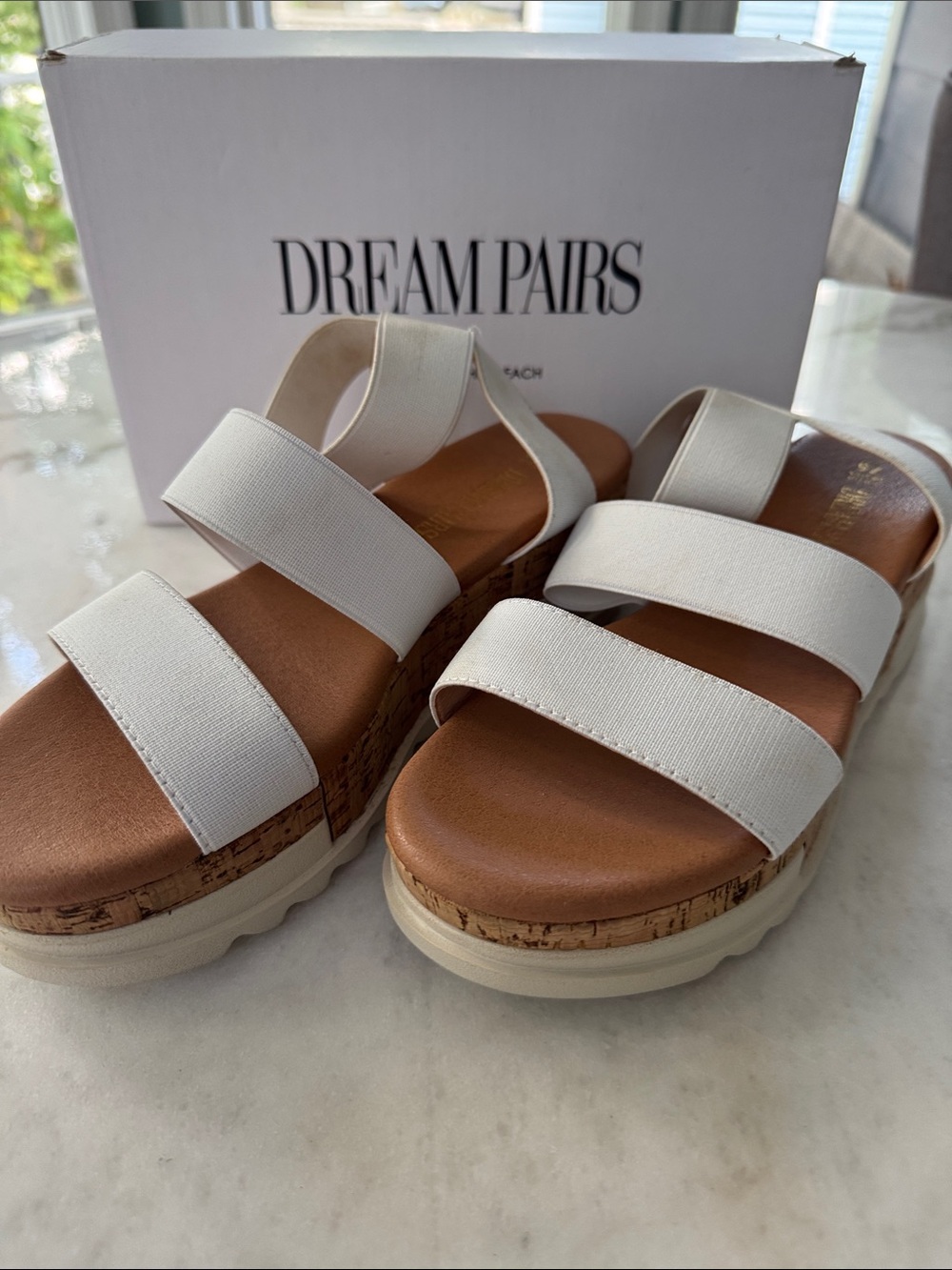 Dream Pairs White Triple-Strap Cork Platform Sandals